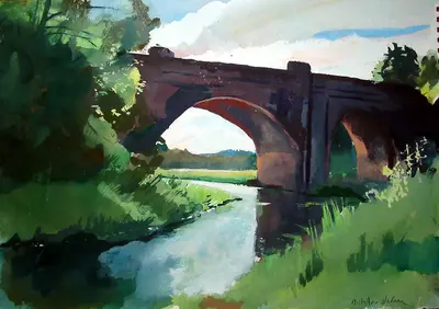 Gouache painting of a railway bridge over the River Stour